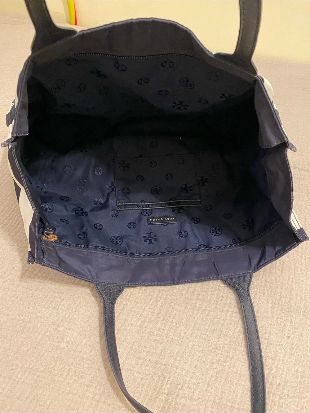 Tory Burch Navy and White Striped Canvas Tote with Logo